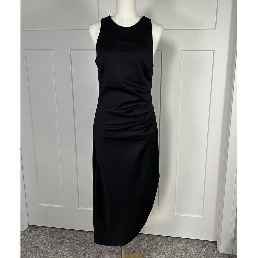 Venus Asymmetrical Hem Sheath Midi Dress -Women's MEDIUM- Black Bodycon Classy